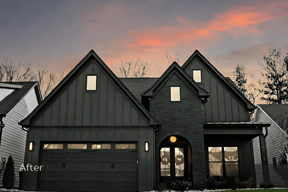 After image using the "Day-to-dusk" service. Exterior of home with brightened windows and colorful sky