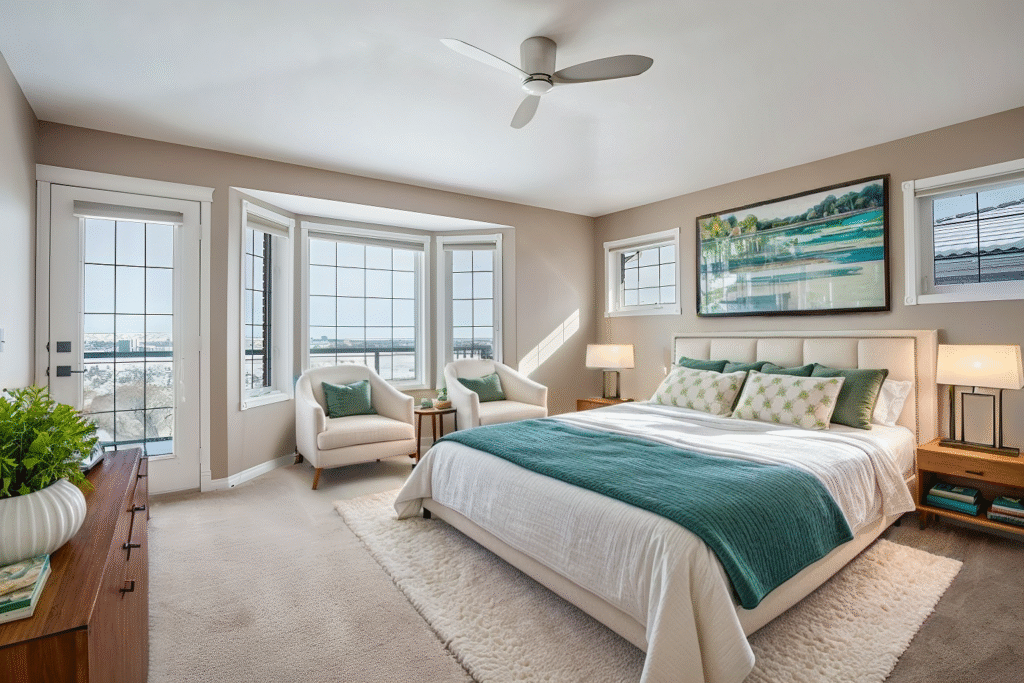 Bright bedroom with large windows, a landscape painting, and a cozy ambiance. Features a king-size bed, teal accents, and plush chairs, evoking tranquility.