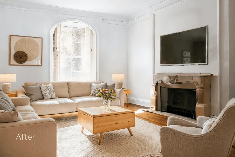 Bright, cozy living room with a beige sofa, armchairs, light wood coffee table with flowers, large window, wall art, and a fireplace under a mounted TV.
