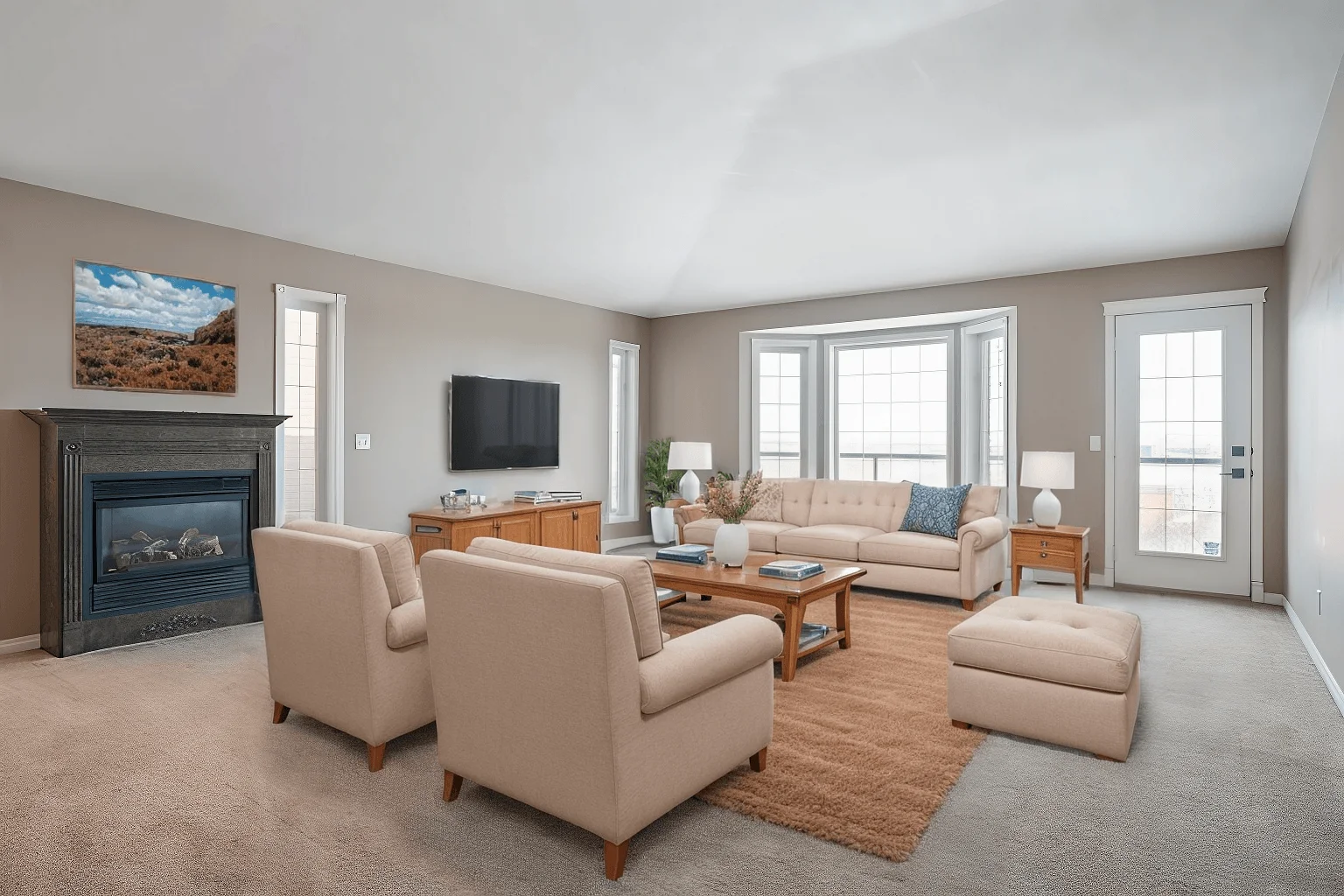 Home 11 A cozy living room with beige sofas, armchairs, and a matching ottoman on a brown rug. A fireplace, TV, and windowed door add warmth and light.
