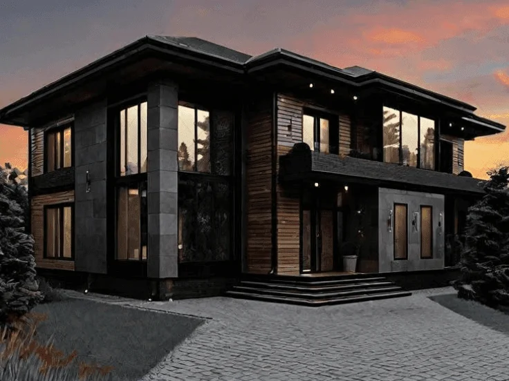 Our story 4 Modern two-story house with large windows, dark wood, and stone elements, under a sunset sky. The driveway leads to the entrance, conveying elegance and warmth.