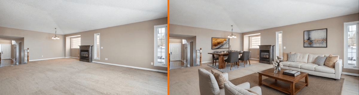 Home 9 Side-by-side comparison of a living room before and after staging. The before image shows an empty room, while the after displays furniture and decor, creating a warm, inviting atmosphere.