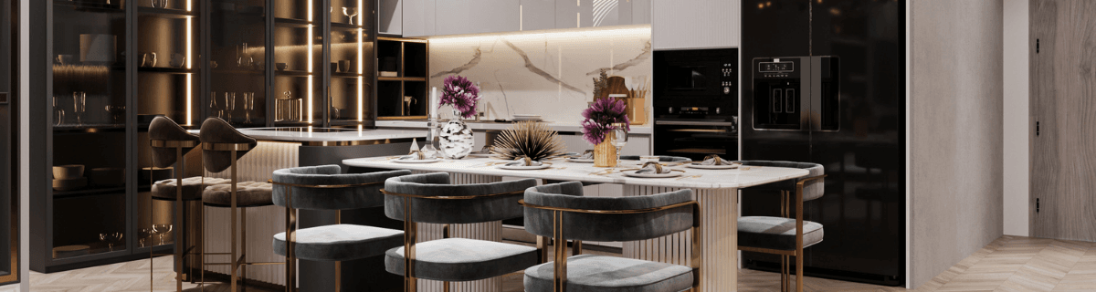 Home 6 Modern kitchen with a sleek design features a marble island and plush grey barstools. Glass cabinets display elegant dinnerware. A cozy, sophisticated ambiance is highlighted by warm lighting, and purple flowers add a pop of color.