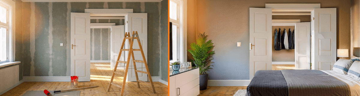 Home 7 A room transformation comparison; left shows a plain, unfinished space with a ladder and paint supplies, while right reveals a cozy, decorated bedroom.