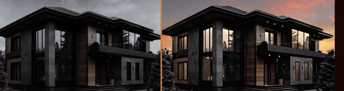 Home 10 Two side-by-side images of a modern two-story house with large windows and dark tones. Left image is in grayscale; right shows a sunset with warm highlights.