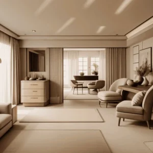 Sophisticated living room with neutral tones, featuring a soft sofa, elegant chairs, and a dining area. Sunlight streams through sheer curtains, creating a warm, inviting ambience.