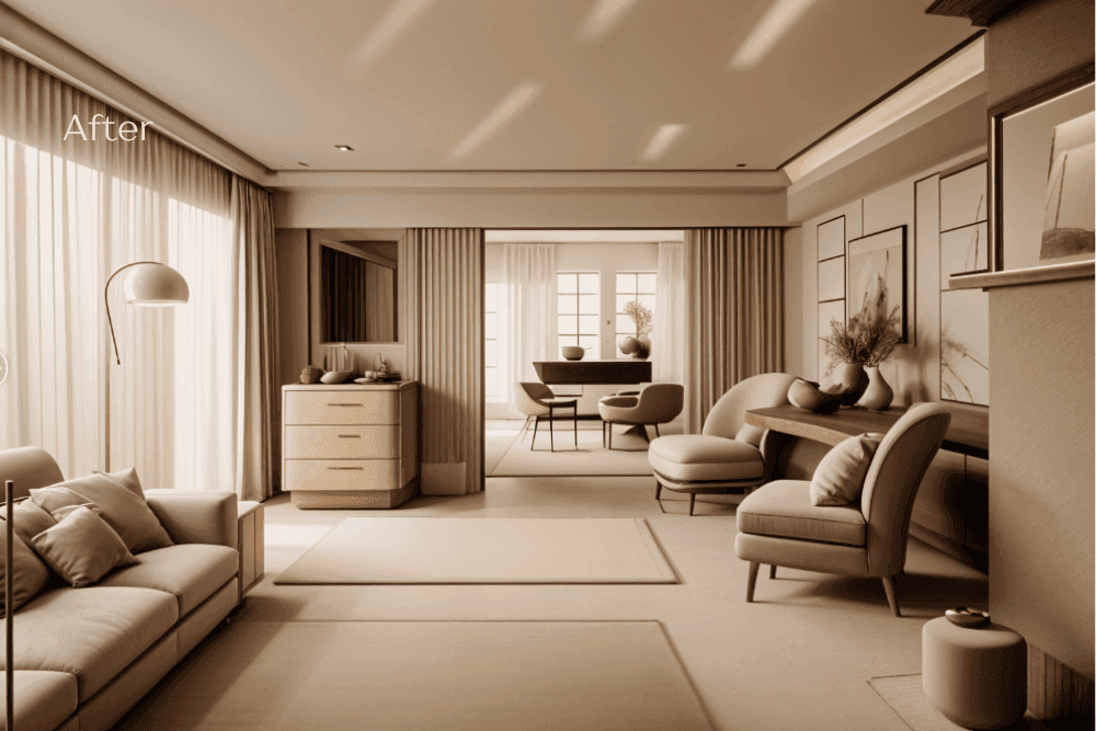 Elegant, sepia-toned living room with soft lighting. Features modern furniture, plush seating, a large window with sheer curtains, and minimalist decor.