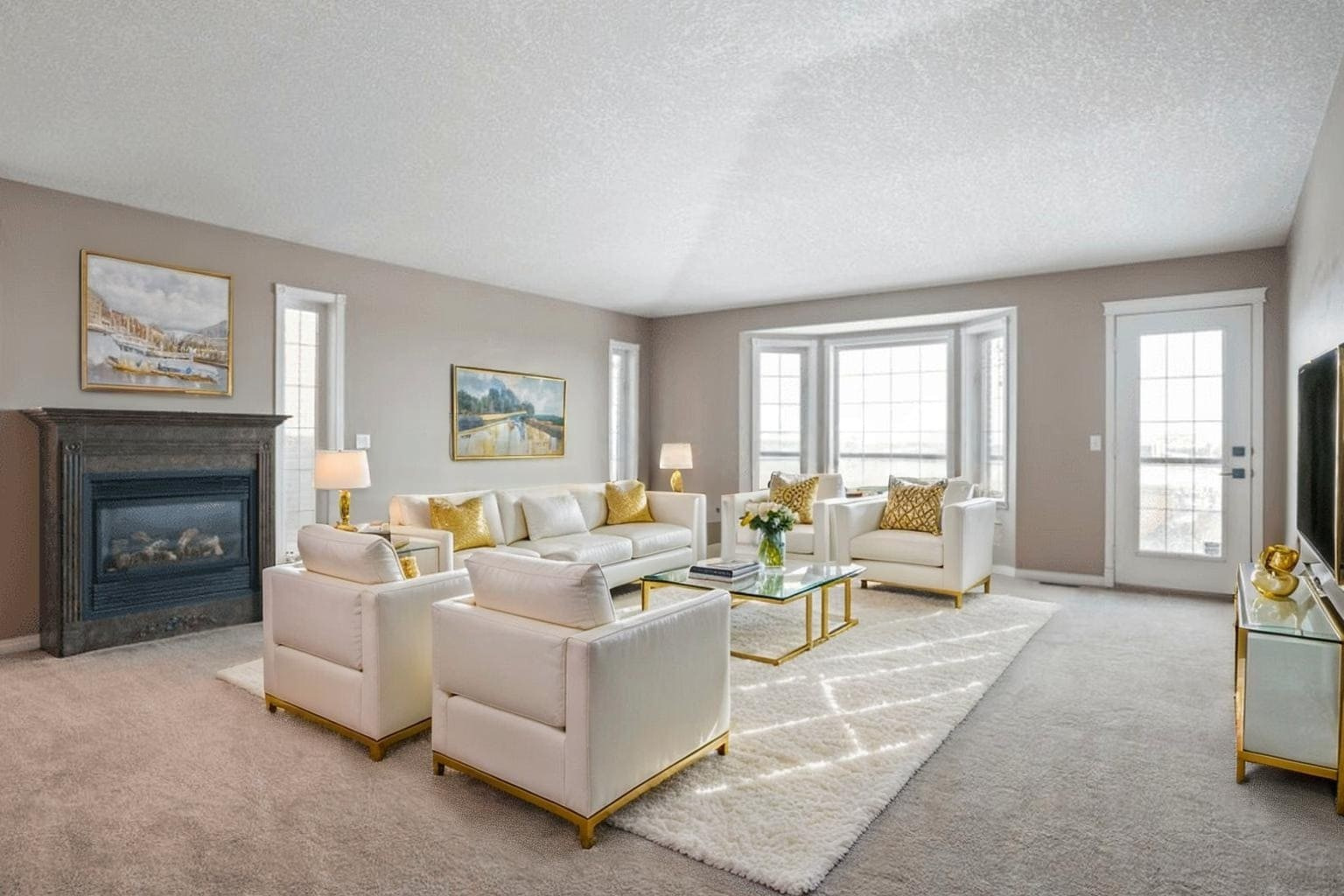 Home 16 Bright, elegant living room with cream sofas and gold accents. Features a fireplace, large windows, and soft lighting, creating a cozy atmosphere.