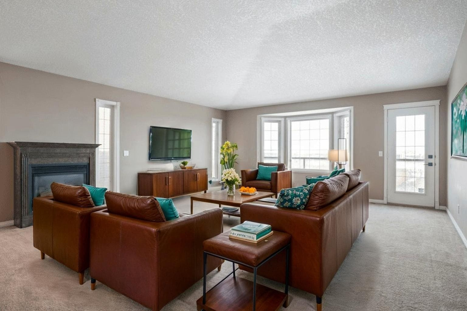 Home 15 Stylish living room with brown leather sofas, teal pillows, a wooden coffee table, flowers, wall-mounted TV, and large windows, creating a cozy ambiance.