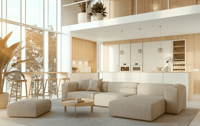 Spacious modern living area with beige couches, a round coffee table, and bar stools. Large windows and soft light create a warm, inviting atmosphere.