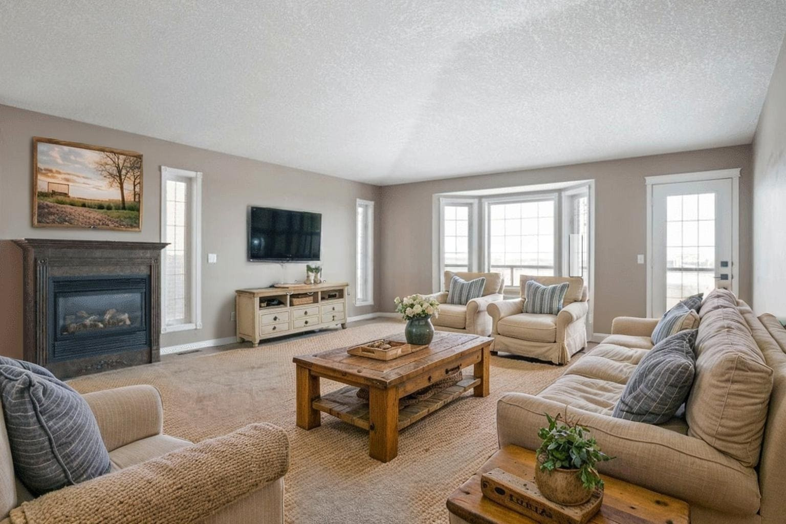 Home 18 Cozy living room with neutral tones features a large beige sofa, armchairs, wooden coffee table, fireplace, and a wall-mounted TV. Bright natural light fills the space through multiple windows.